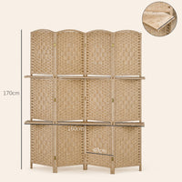 HOMCOM 4-teiliger Paravent, 160 x 170 cm, faltbare Trennwand mit 2 Regalen, Naturholz – Produktabbildung 3