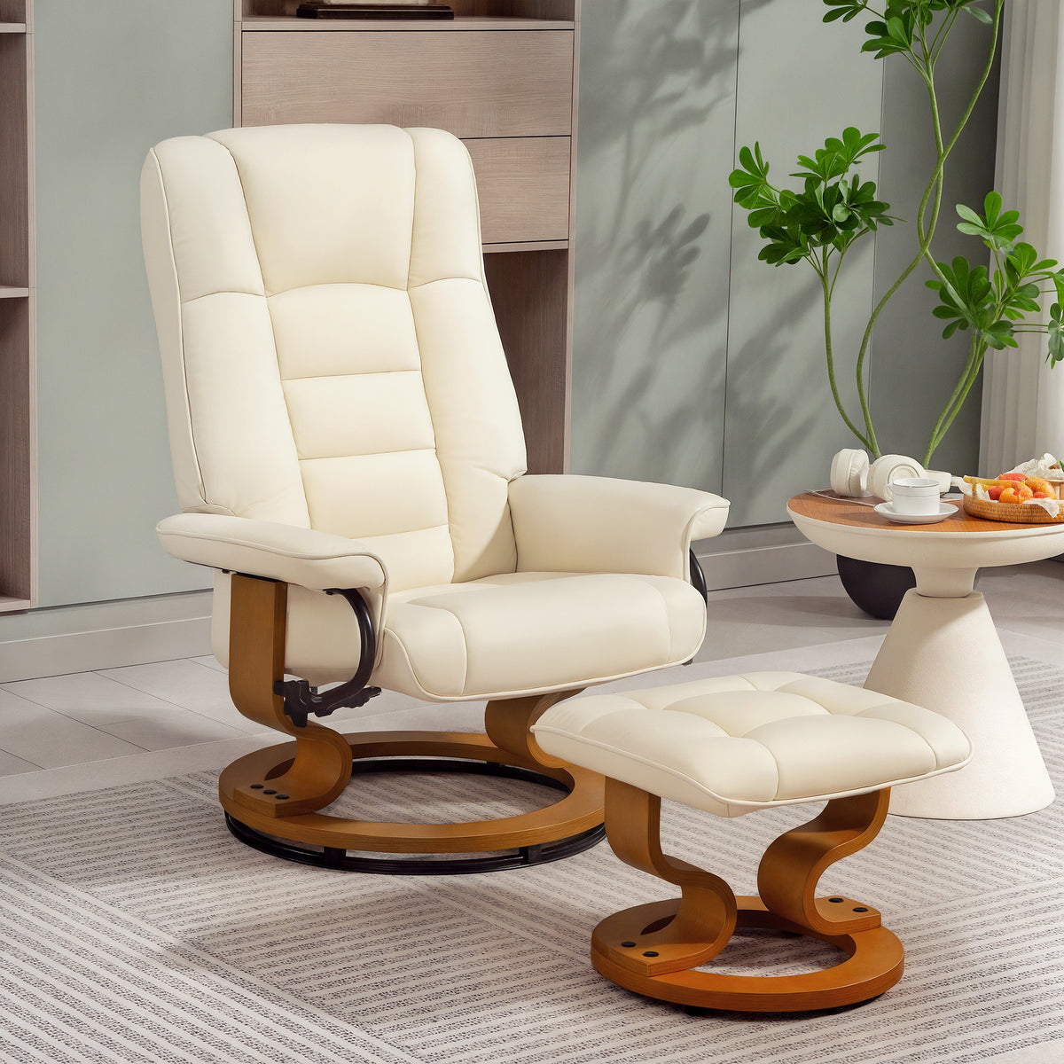 HOMCOM Relaxsessel mit Hocker, drehbar & neigbar, Kunstlederbezug, bis 150 kg, Holzgestell, Cremeweiß – Produktabbildung 2