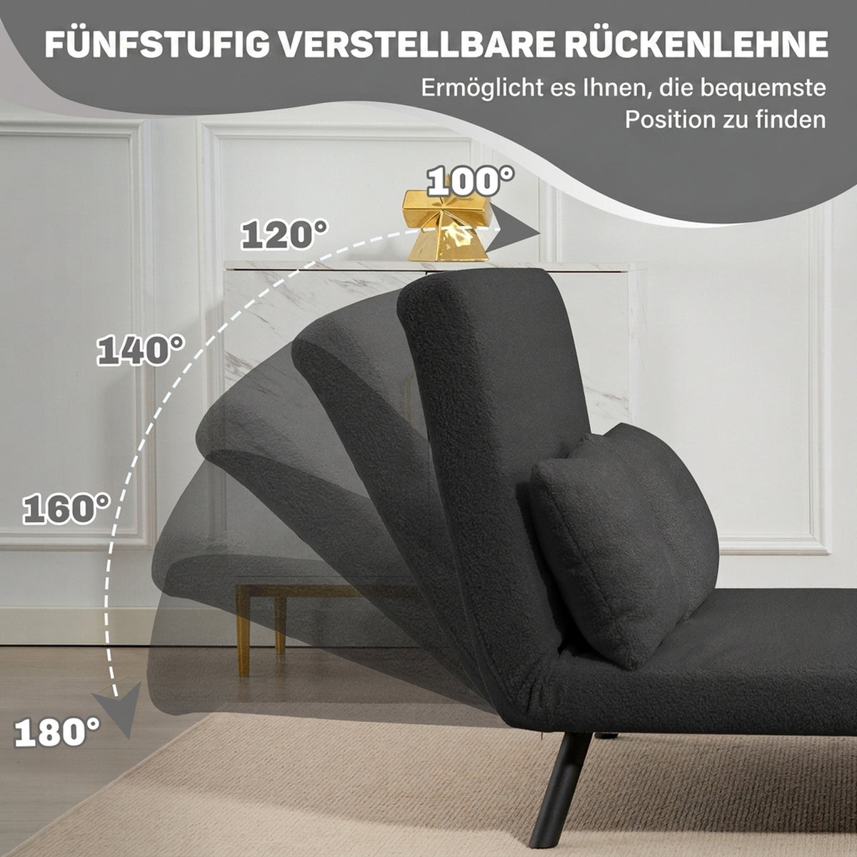 HOMCOM Schlafsofa 2er-Sofa mit Schlaffunktion, inkl. 2 Kissen, Sherpa-Optik, Natur + Dunkelgrau + – Produktabbildung 5