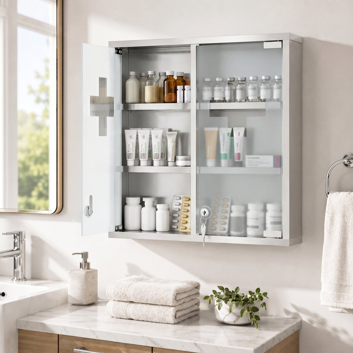HOMCOM Medizinschrank, Abschließbarer Medikamentenschrank mit 2 Schlüsseln, Glastür und 6 Regalen, 48 x – Produktabbildung 2