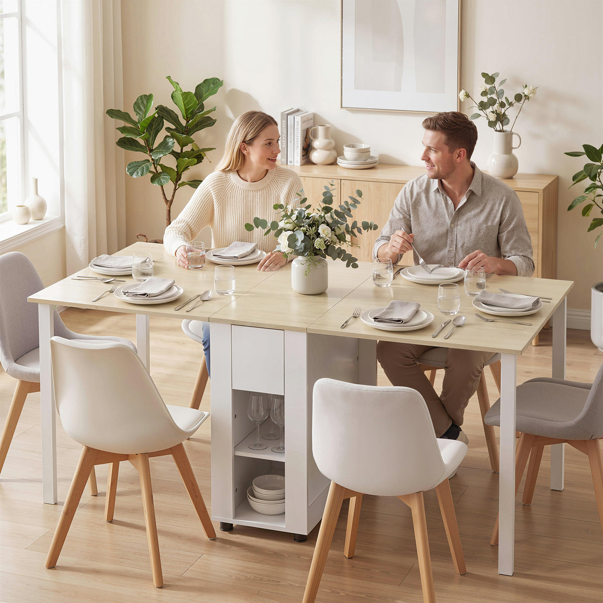 HOMCOM Klapptisch für 6 Personen, 168 cm großer ausziehbarer Esstisch mit 2 Schubladen & 4 Ablagefächern – Produktabbildung 2