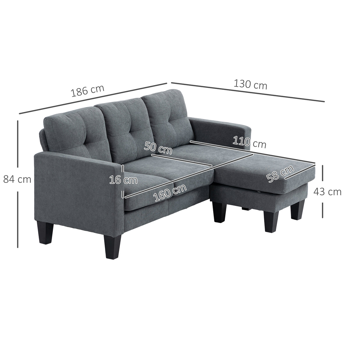 HOMCOM Ecksofa in L-Form, beidseitig anbringbare Chaiselongue, Polstersofa, Dunkelgrau – Produktabbildung 3