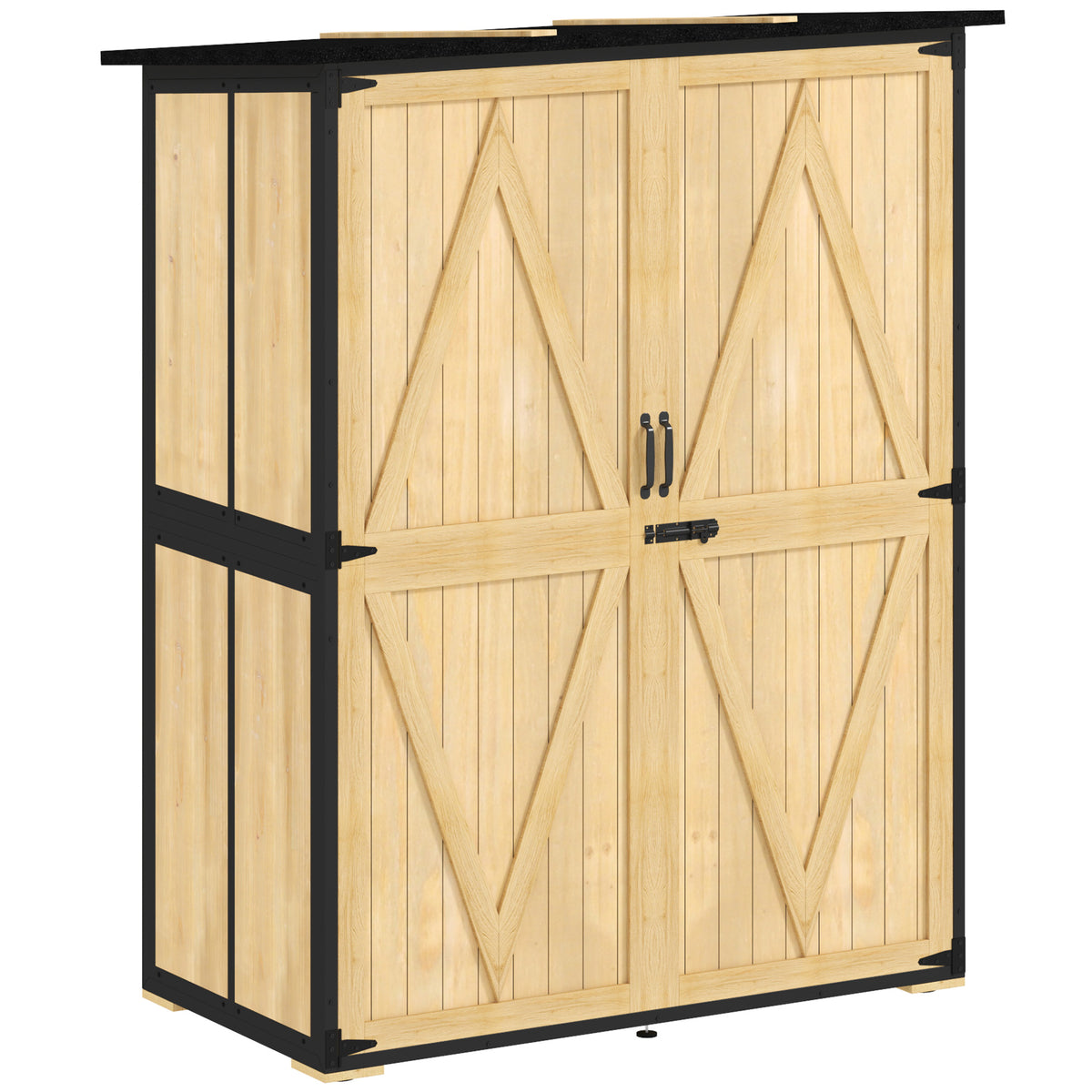 Outsunny Gartenschrank aus Holz und Stahl, Outdoor-Werkzeugschrank mit Asphalt-Dach, 2 Regale, verschließbare