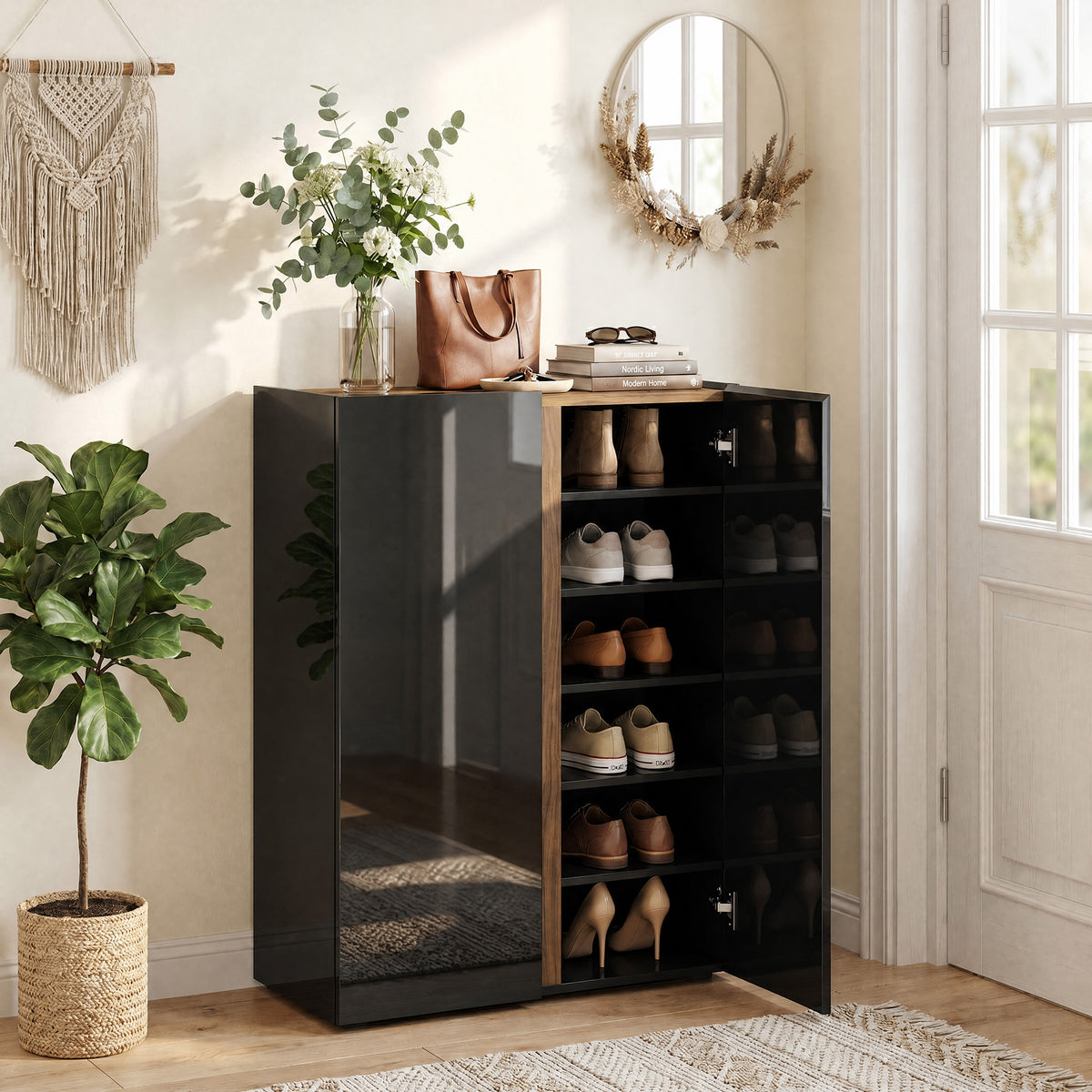 HOMCOM Schuhschrank mit leiser Sicherheitsöffnung, 6 Ebenen, grifflose Design, Hochglanz Schwarz – Produktabbildung 2