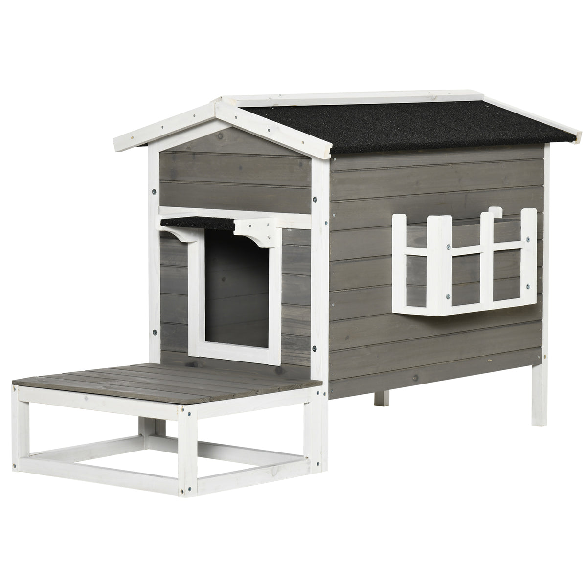 PawHut Katzenhaus aus Holz Winterfest wasserdicht Katzenhütte mit Asphaltdach Terrasse Katzenhöhle