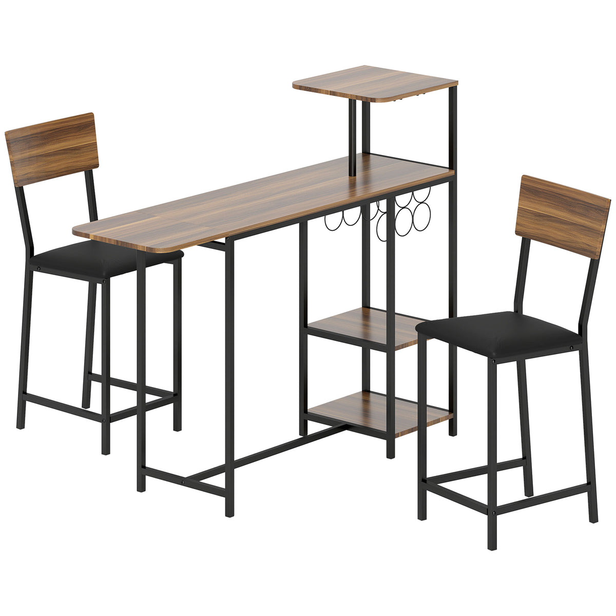 HOMCOM 3-teiliges Bartisch-Set, 1 Bartisch, 2 Stühle, mit Weinregal, Glashalter, Offene Regale, Fußstützen
