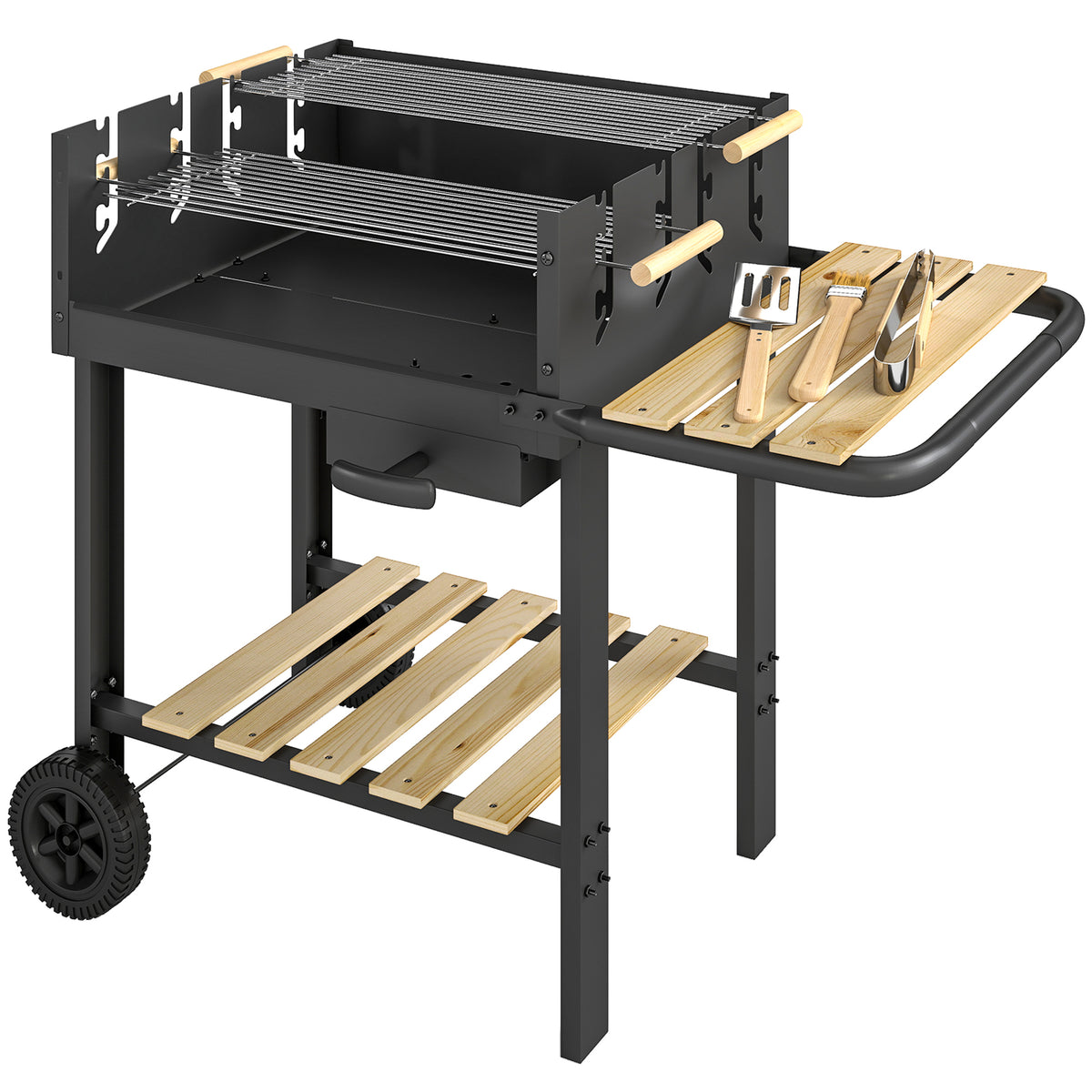 Outsunny Holzkohlegrill Grillwagen mit 4-fach höhenverstellbarer Grillrost 2 Holzablage 2 Räder Aschebehälter