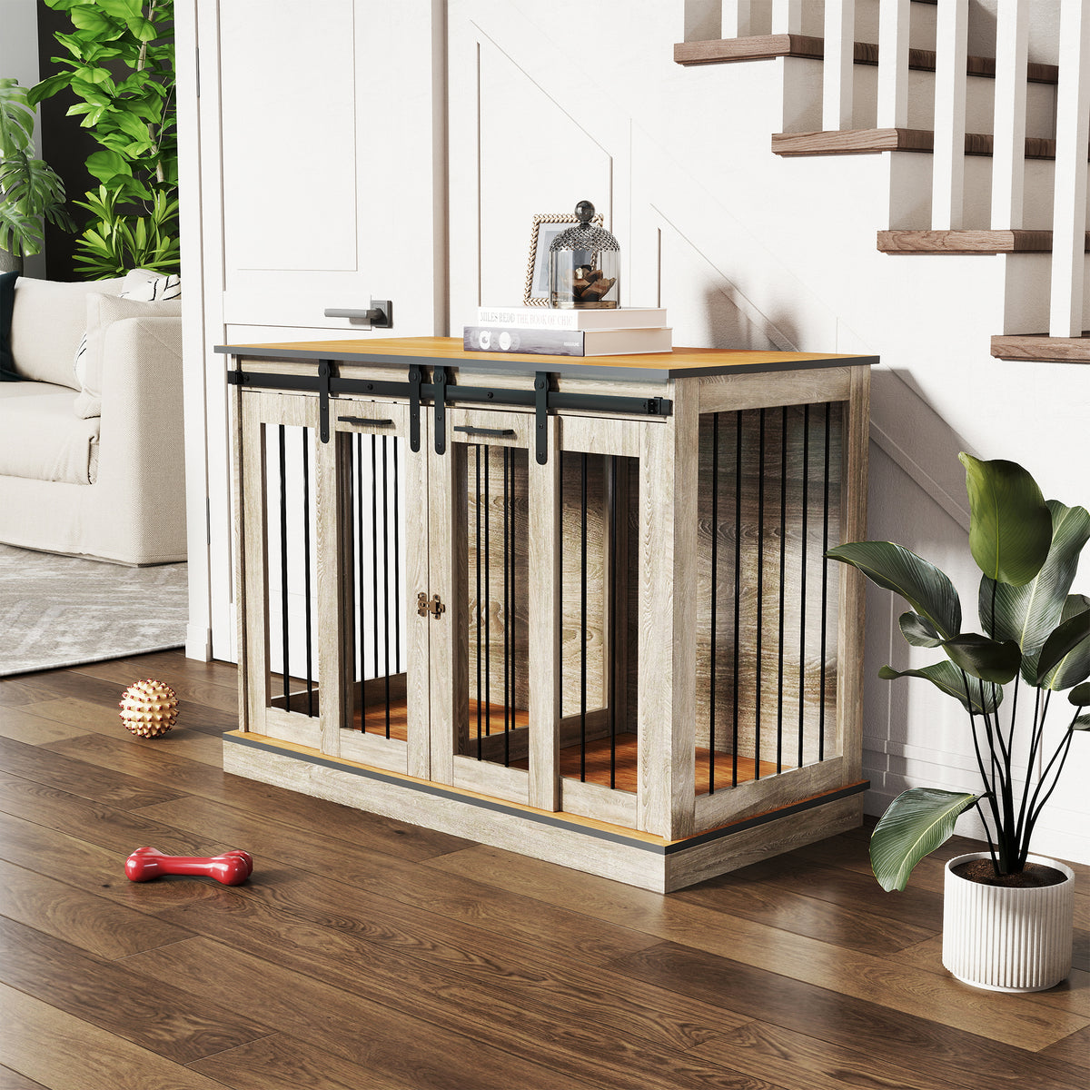 PawHut Hundebox mit 2 Türen, Transportbox für Hunde, rustikales Design, verriegelbar, Braun – Produktabbildung 2