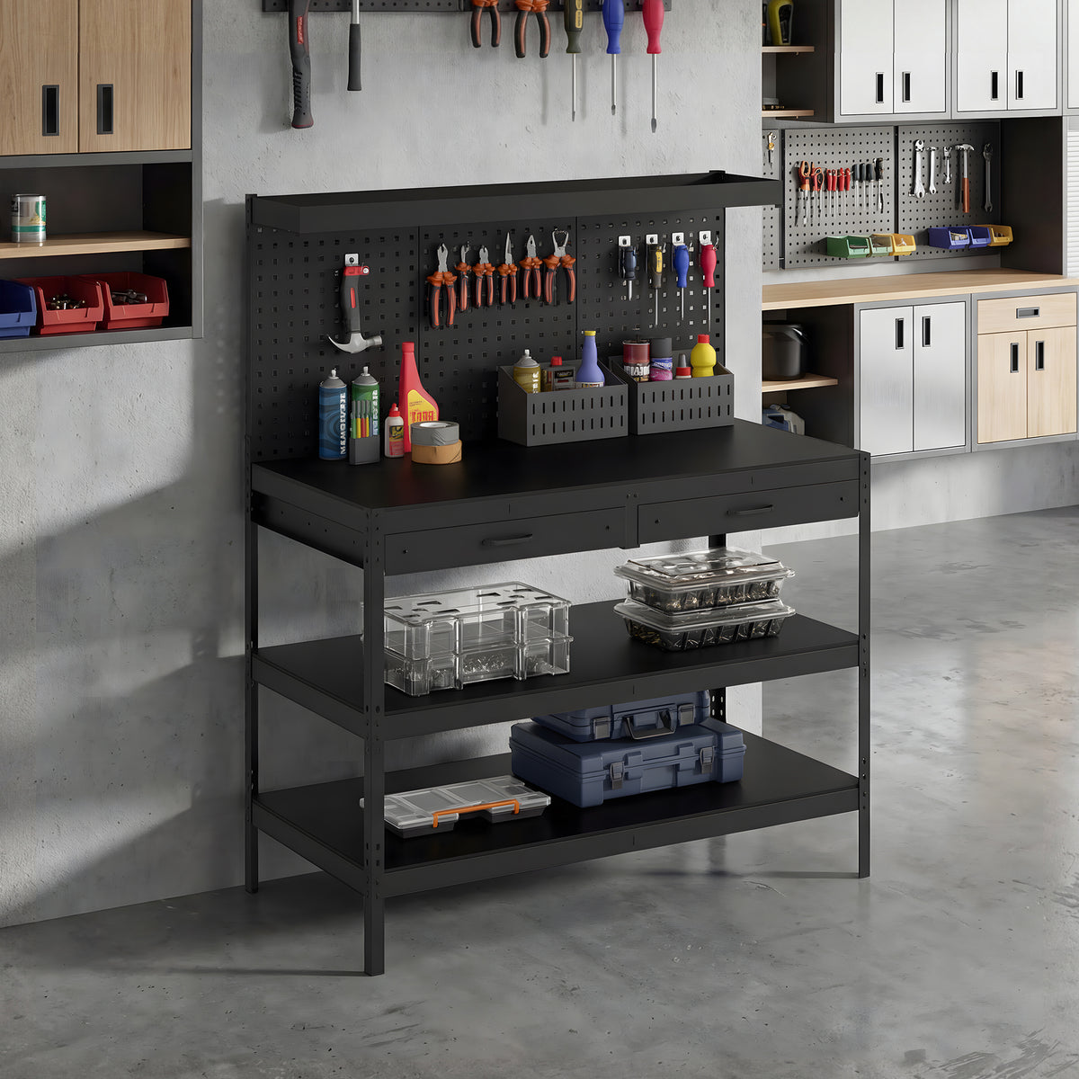HOMCOM Werkbank mit verstellbaren Regalen, robuste Arbeitsstation mit Lochwand und 2 Schubladen, 122 x – Produktabbildung 2