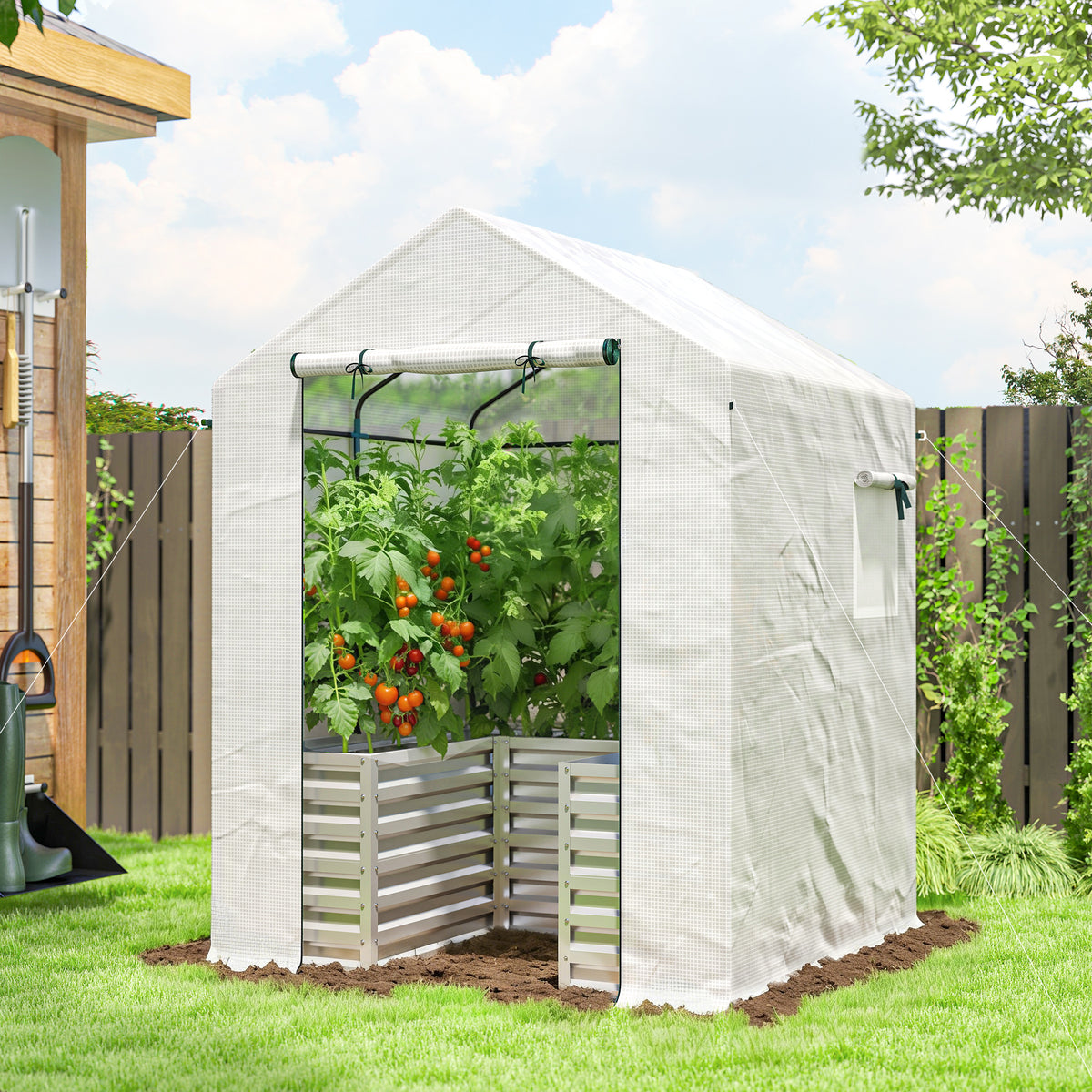 Outsunny Tomatengewächshaus Foliengewächshaus mit Hochbeet Rolltor Fenster Schrägdach 141 x 141 x 190 cm – Produktabbildung 2