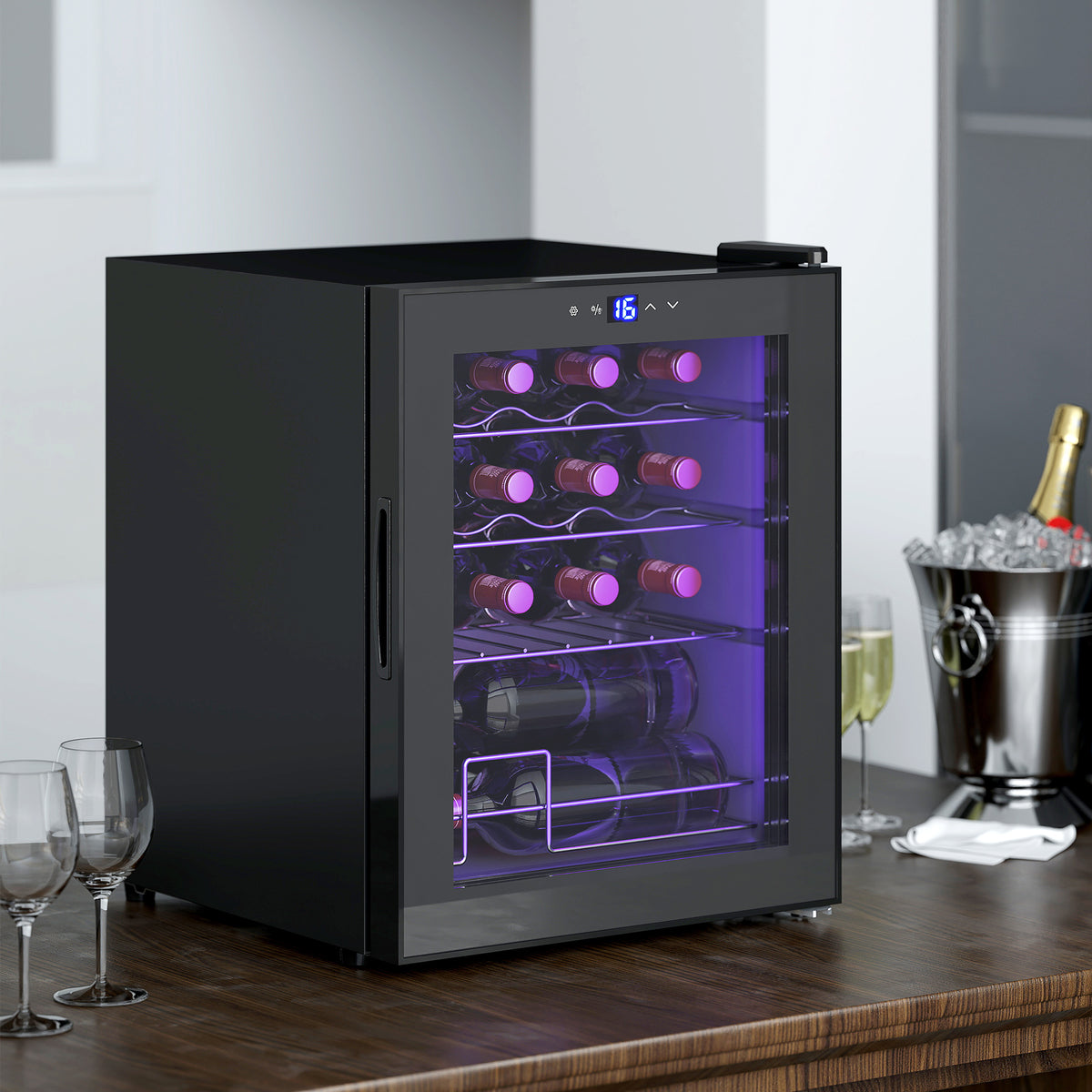 HOMCOM Freistehender Weinkühlschrank, 16 Flaschen, für Hausbar, Wohnzimmer, Küche Touchscreen, Glastür – Produktabbildung 2