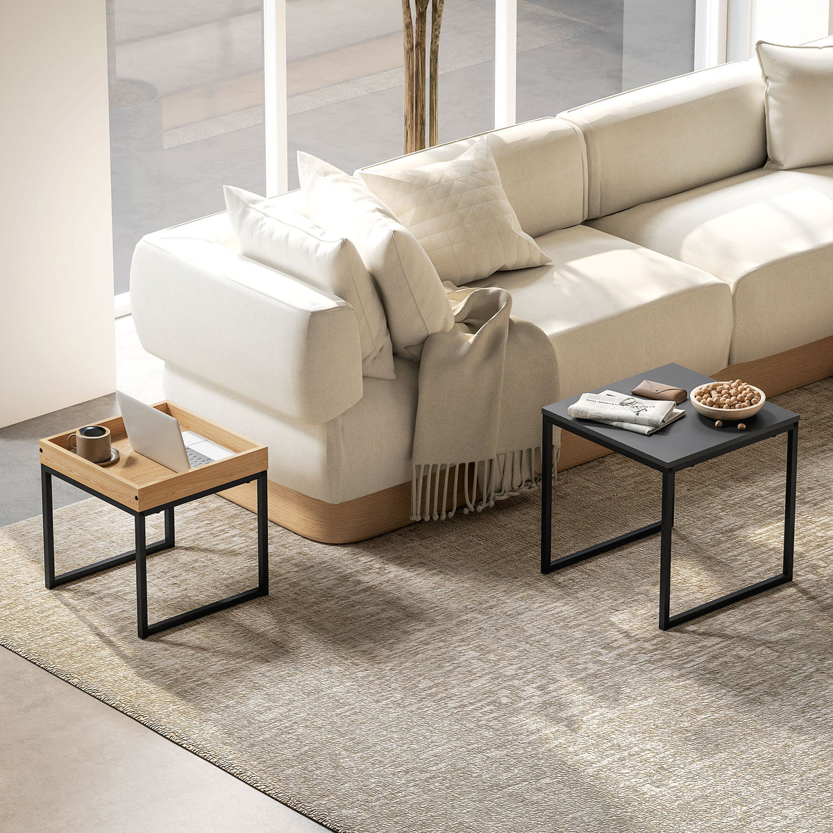 HOMCOM Moderner Couchtisch, 2er-Set Sofatisch, für kleine Räume, Quadratisch, MDF, Metall, Schwarz – Produktabbildung 2