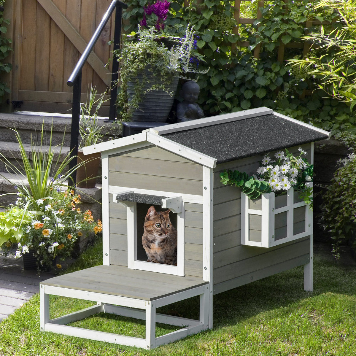 PawHut Katzenhaus aus Holz Winterfest wasserdicht Katzenhütte mit Asphaltdach Terrasse Katzenhöhle – Produktabbildung 2