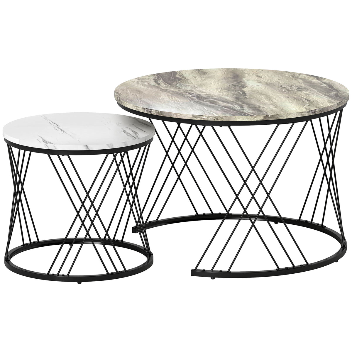 HOMCOM Couchtische im 2er-Set, Marmoroptik, Spanplatte, Metall, runde Kaffeetische für Wohnzimmer