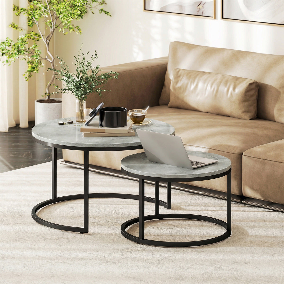 HOMCOM Modernes Kaffeetisch 2er-Set, Stapelbare Beistelltische mit Metallgestell für Wohnzimmer – Produktabbildung 2