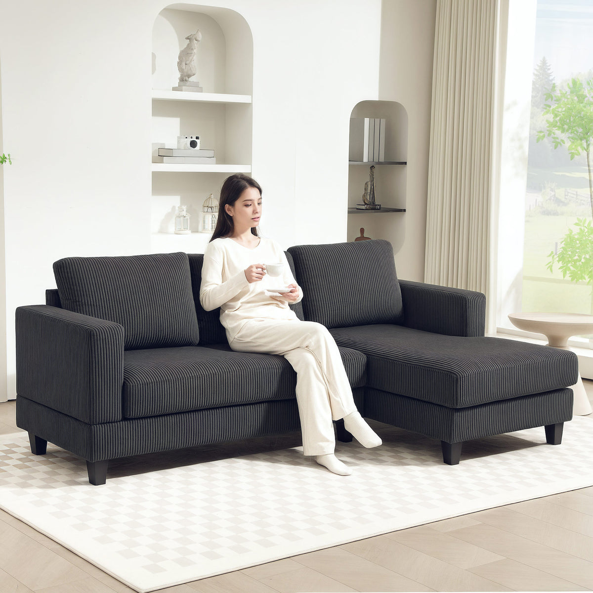 HOMCOM Ecksofa, L-förmiges 3-Sitzer-Sofa mit Chaiselongue, Holzkonstruktion, 8 Beine, Cordstoff – Produktabbildung 10