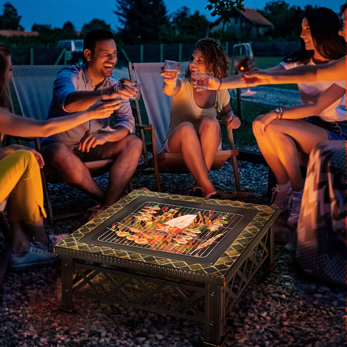 3-in-1 Feuerschale Feuerkorb Feuerstelle mit Funkenschutz Grillrost Eiskübel Garten BBQ Schwarz 76cm x – Produktabbildung 2