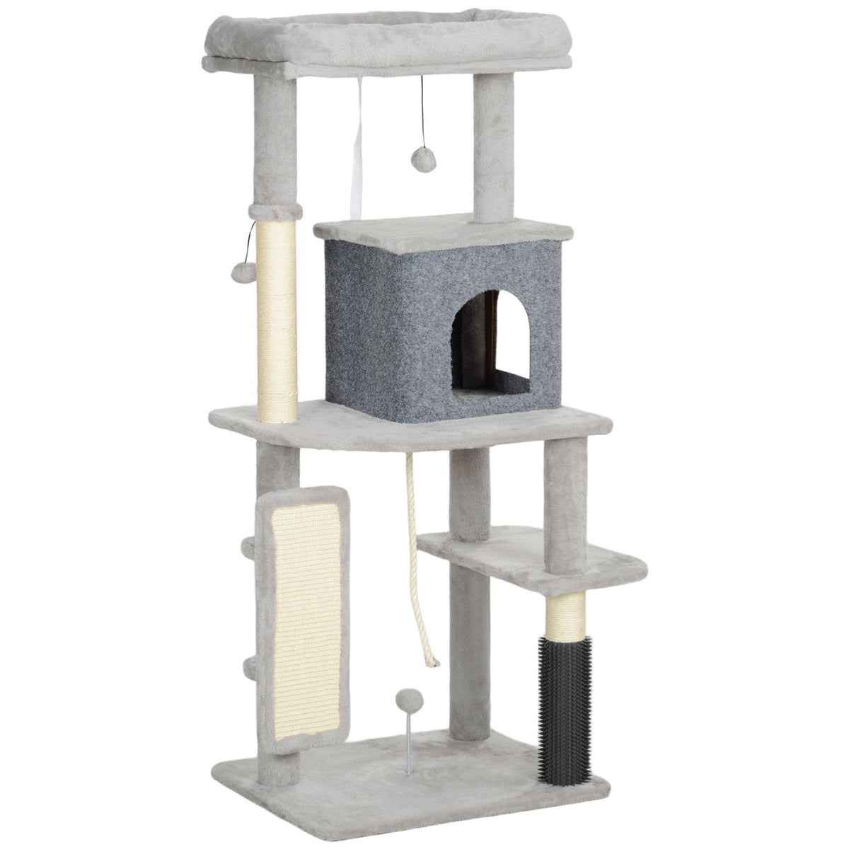 PawHut 132 cm Katzenbaum mit Kratzpfosten, Bett, Haus, Sprungplattformen, Pflegebürste, Hellgrau