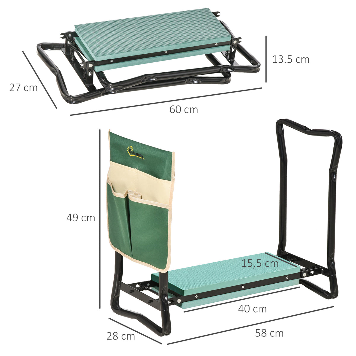 Outsunny Kniebank, Klappbarer Gartenhocker, 2-in-1, Kniehilfe, mit Werkzeugtasche, EVA-Schaumstoff, 58 x – Produktabbildung 2
