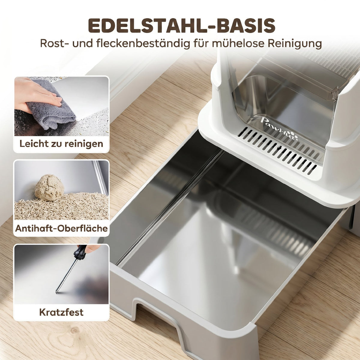 PawHut Katzentoilette aus Edelstahl mit Deckel, XL Katzenstreubox mit Schaufel, herausziehbare Wanne – Produktabbildung 4