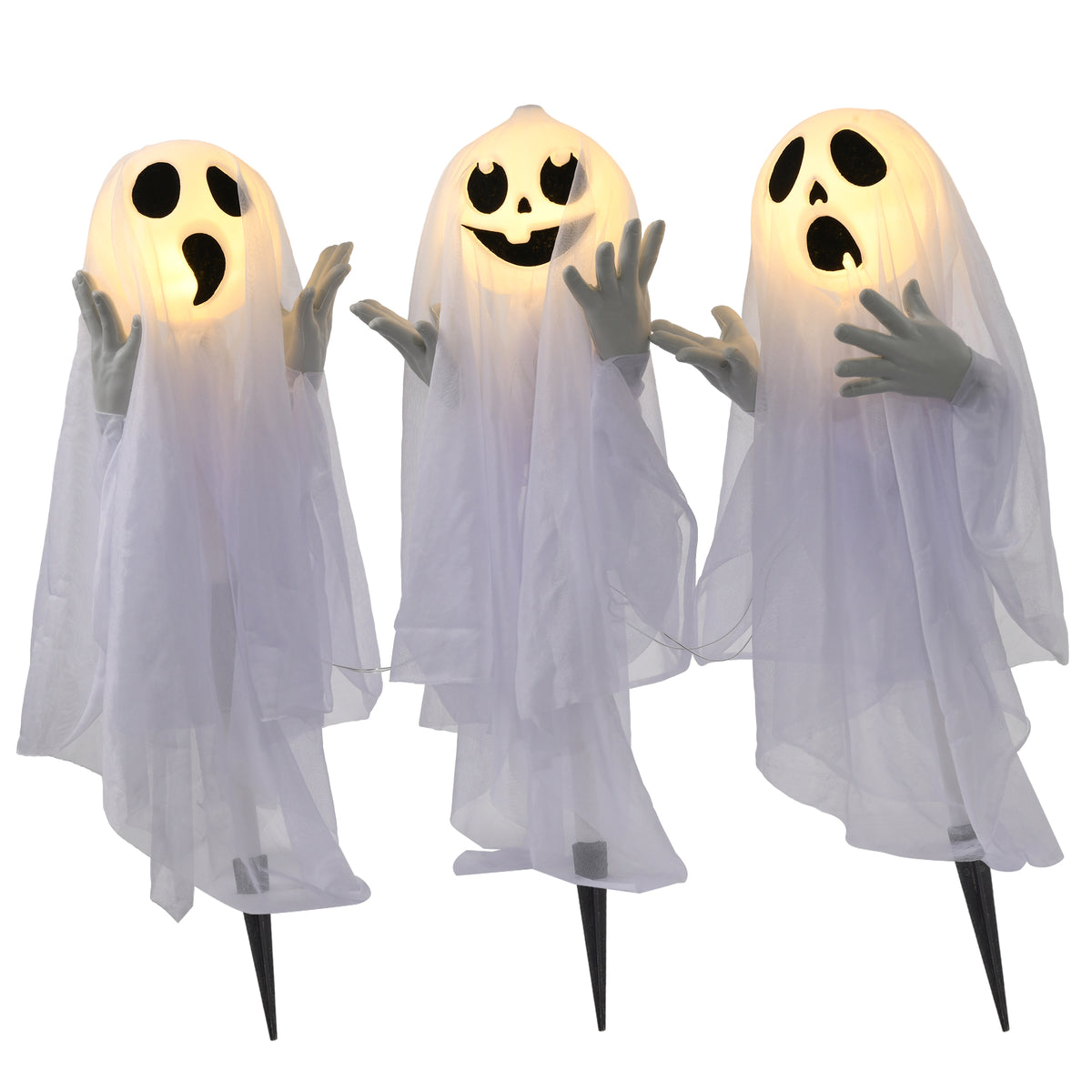 HOMCOM Halloweendekoration, 3 leuchtende Geister, Bewegungssensor, 54 x 10 x 60 cm, Weiß