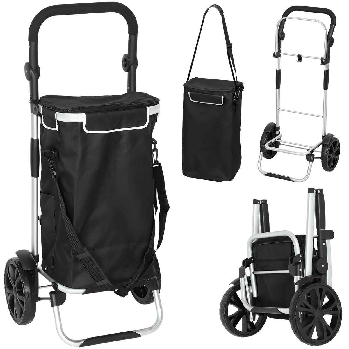 HOMCOM 3-in-1 Einkaufstrolley klappbar mit 40L Kapazität belastbar Trolley bis 25kg mit Kühlfach Schwarz