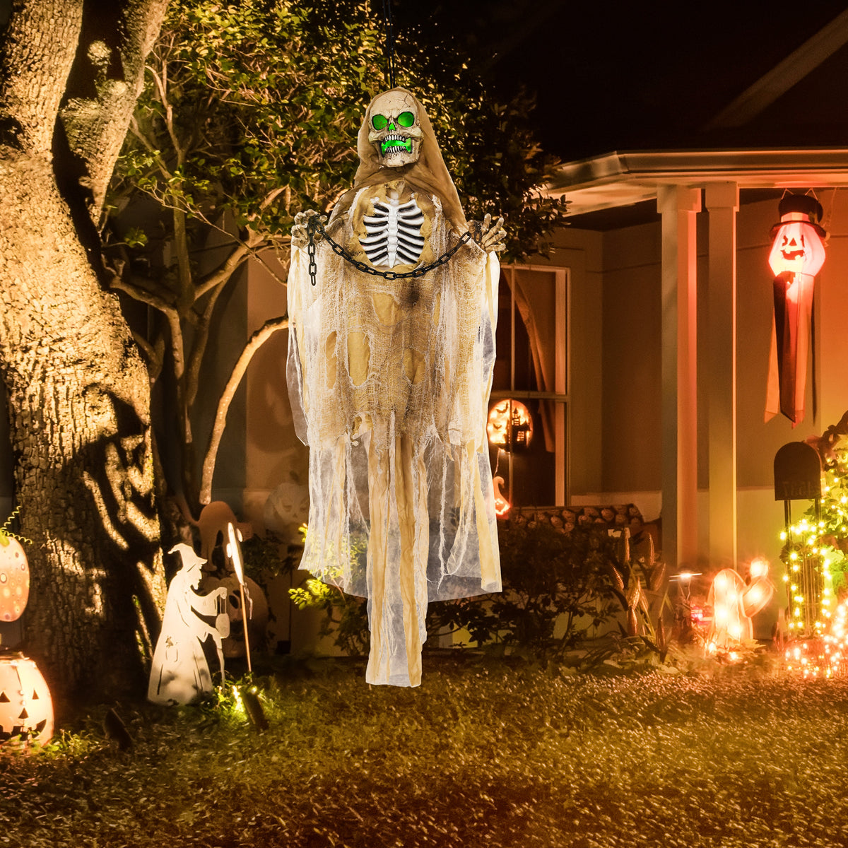 HOMCOM Halloweendekoration, Hängendes Skelett, leuchtender Kopf, unheimliches Heulen, biegsame Arme – Produktabbildung 2