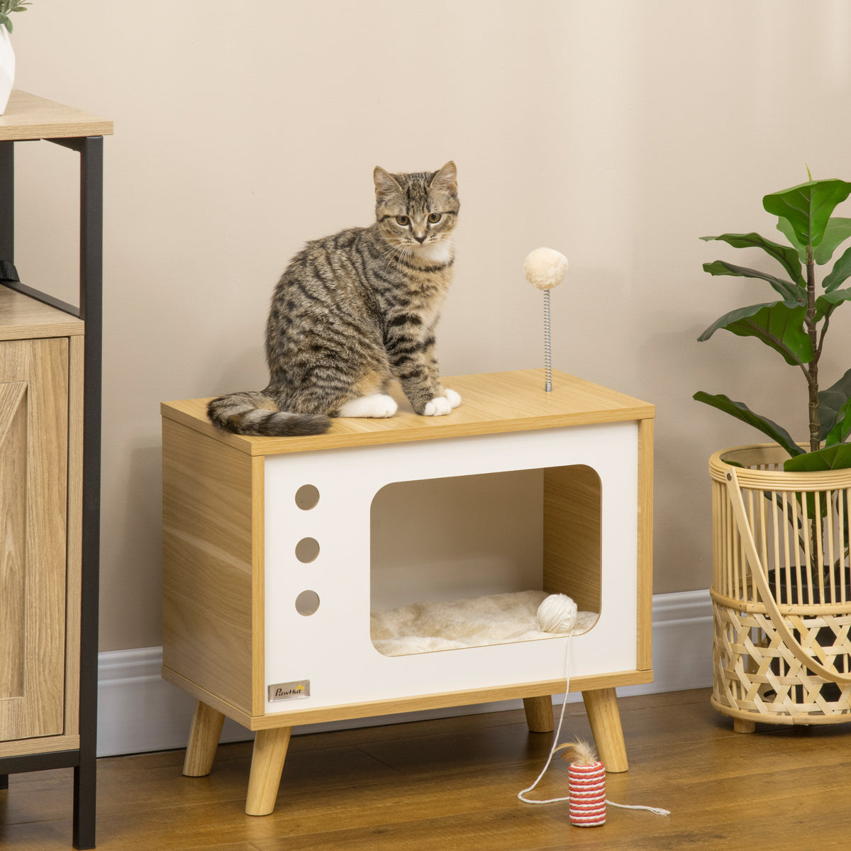PawHut Katzenhöhle imTV-Design inkl. Spielzeug, waschbares Kissen, 50 cm x 28 cm x 43 cm, Eiche + Beige – Produktabbildung 2