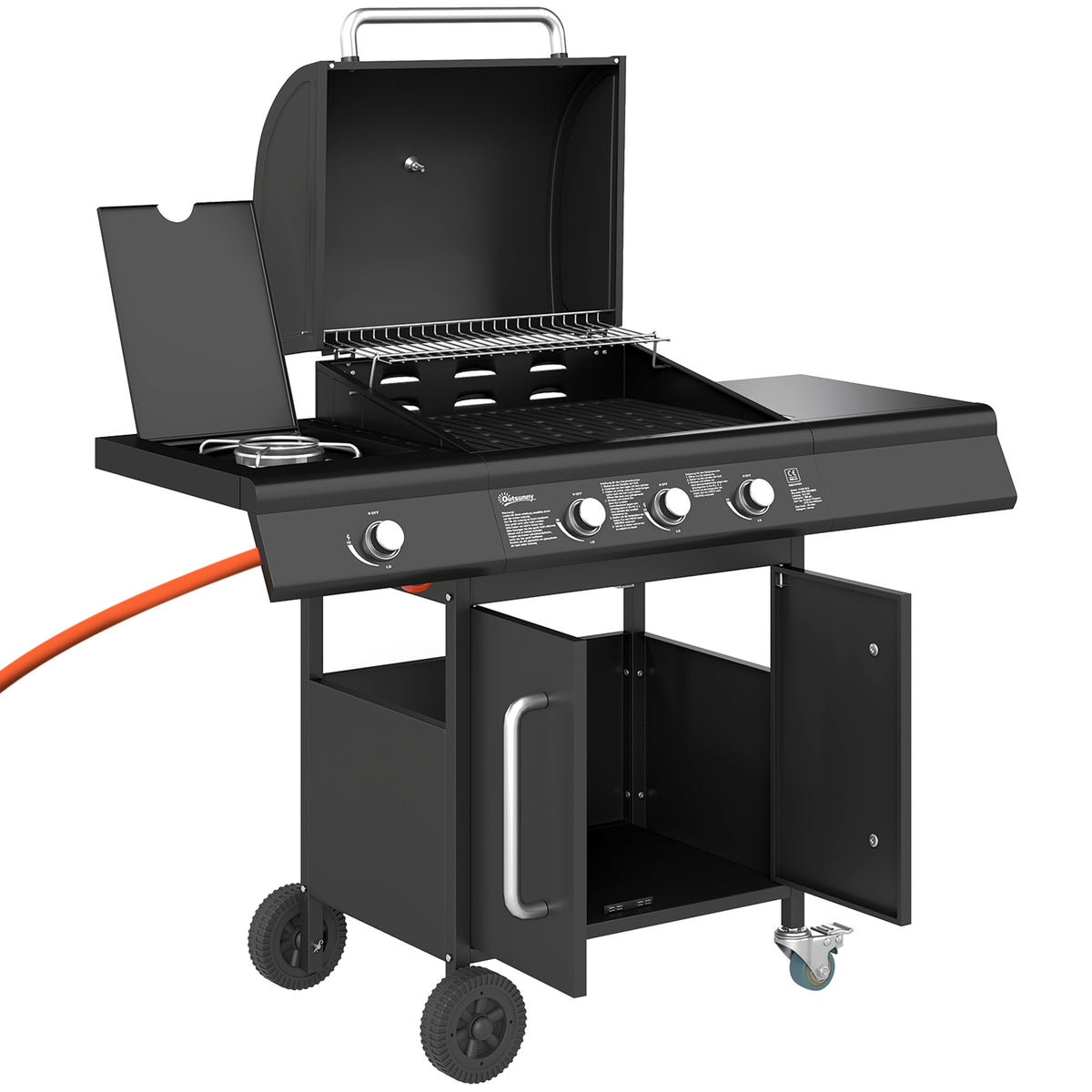 Outsunny Fahrbarer Gasgrill mit Stauraum, Seitentisch, Seitenbrenner, Warmhalterost, Thermometer, Edelstahl