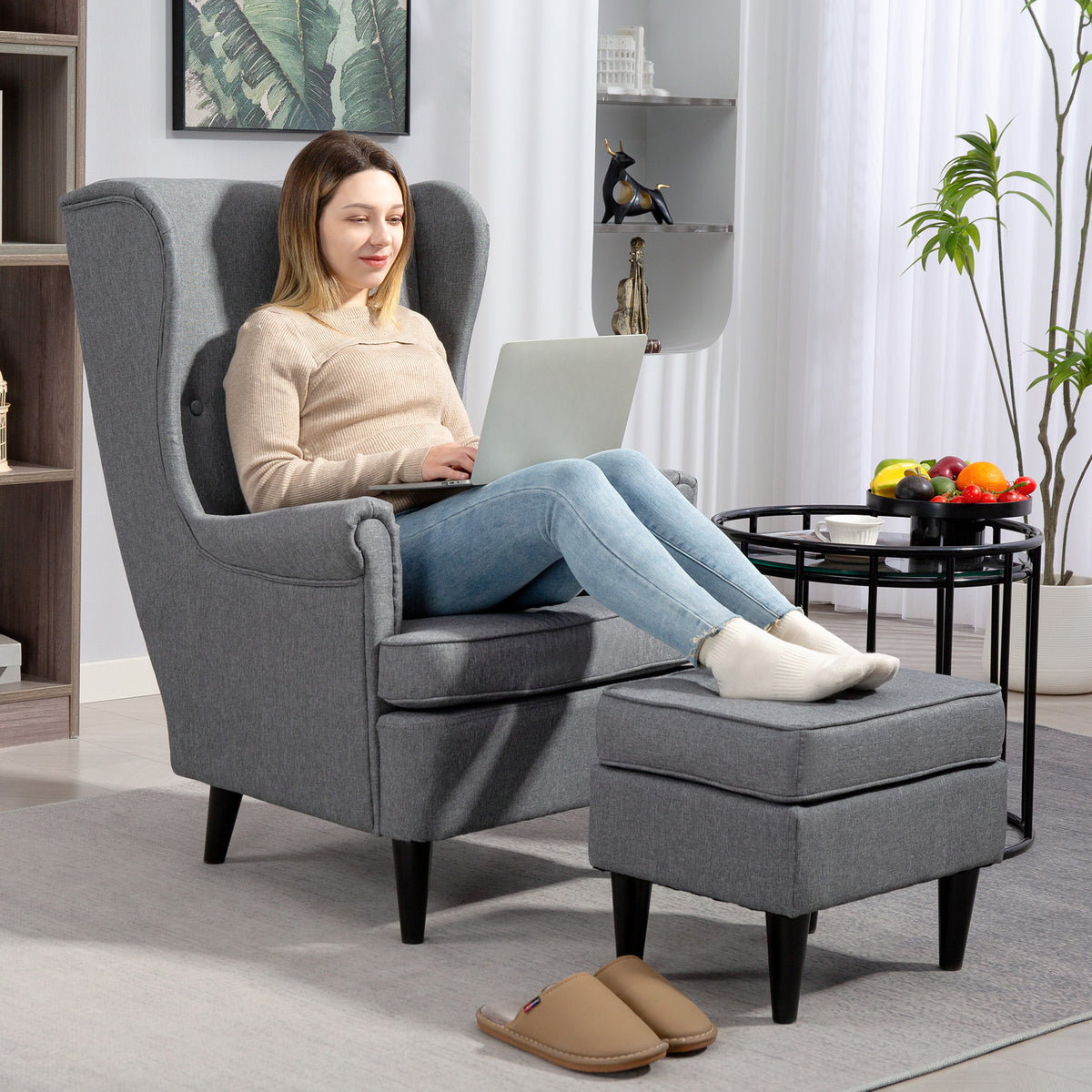 HOMCOM Ohrensessel mit Fußhocker, Polstersessel mit Kautschukholzbeinen, Stoffbezug, Grau – Produktabbildung 2
