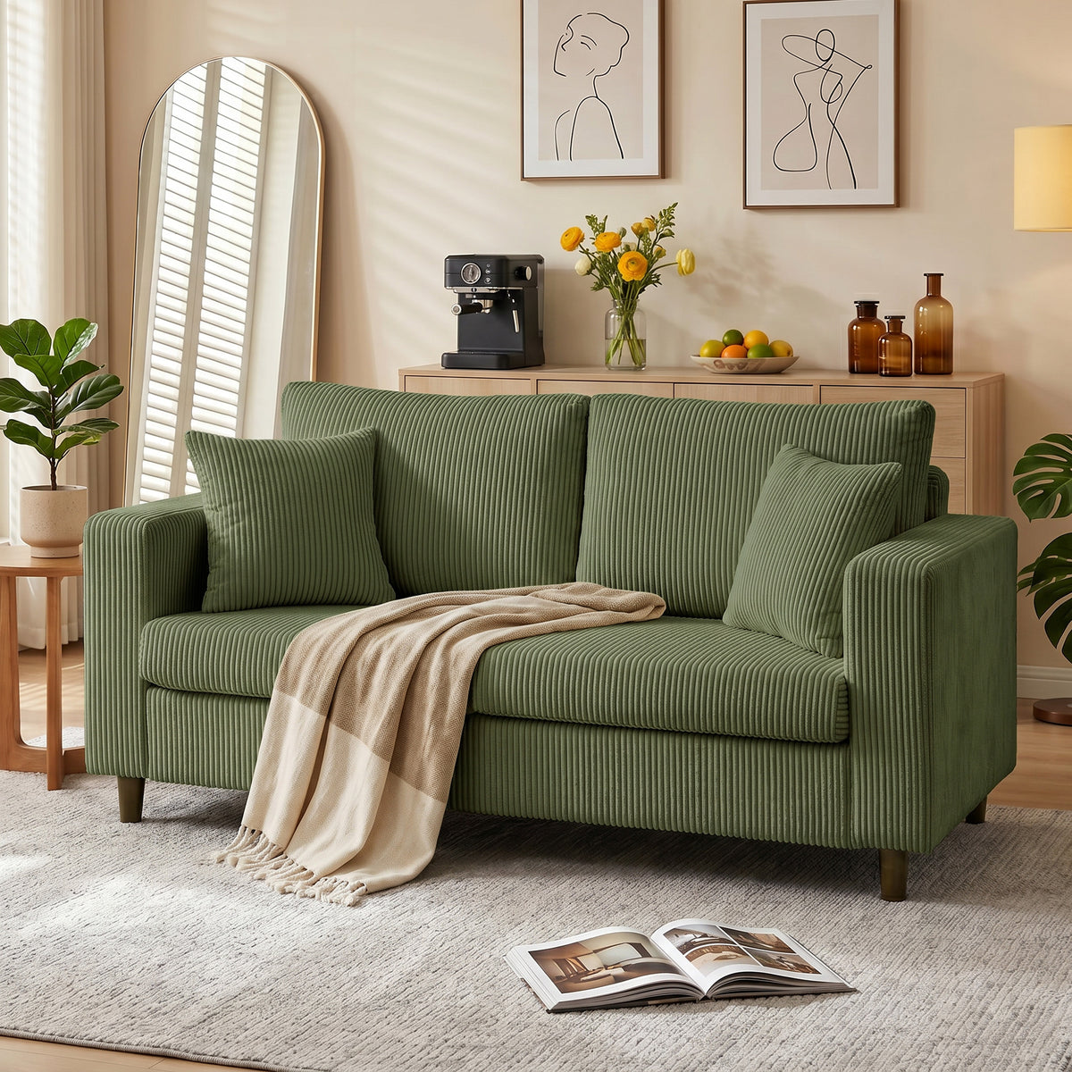 HOMCOM 2-Sitzer-Cordsofa mit breiter tiefer Sitzfläche und Federkernpolster, grün – Produktabbildung 10