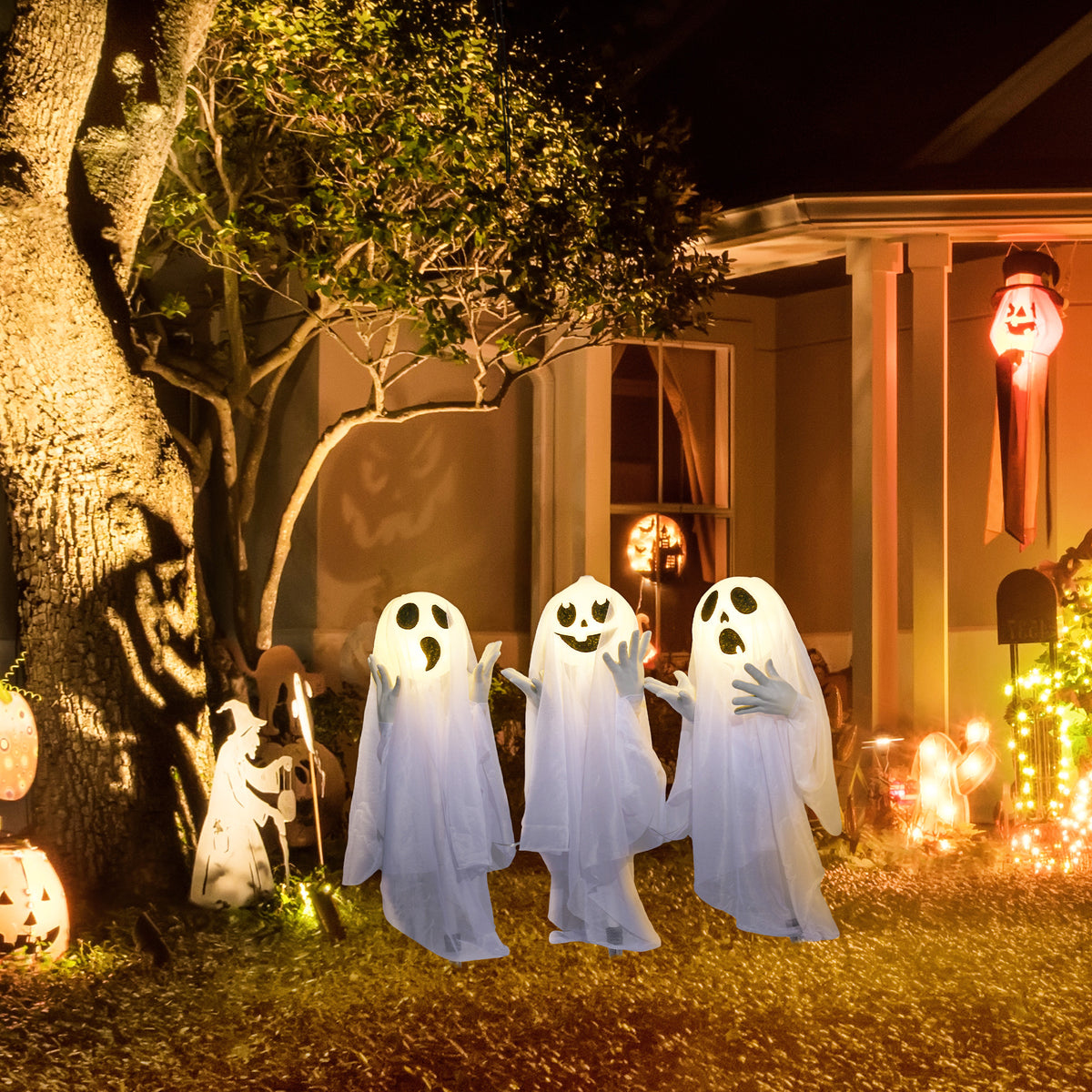 HOMCOM Halloweendekoration, 3 leuchtende Geister, Bewegungssensor, 54 x 10 x 60 cm, Weiß – Produktabbildung 2