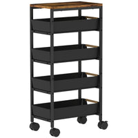 HOMCOM 5-stufiger Küchenwagen, Holzoptik, rollbar, Metallrahmen, 4 Schubladen, Schwarz
