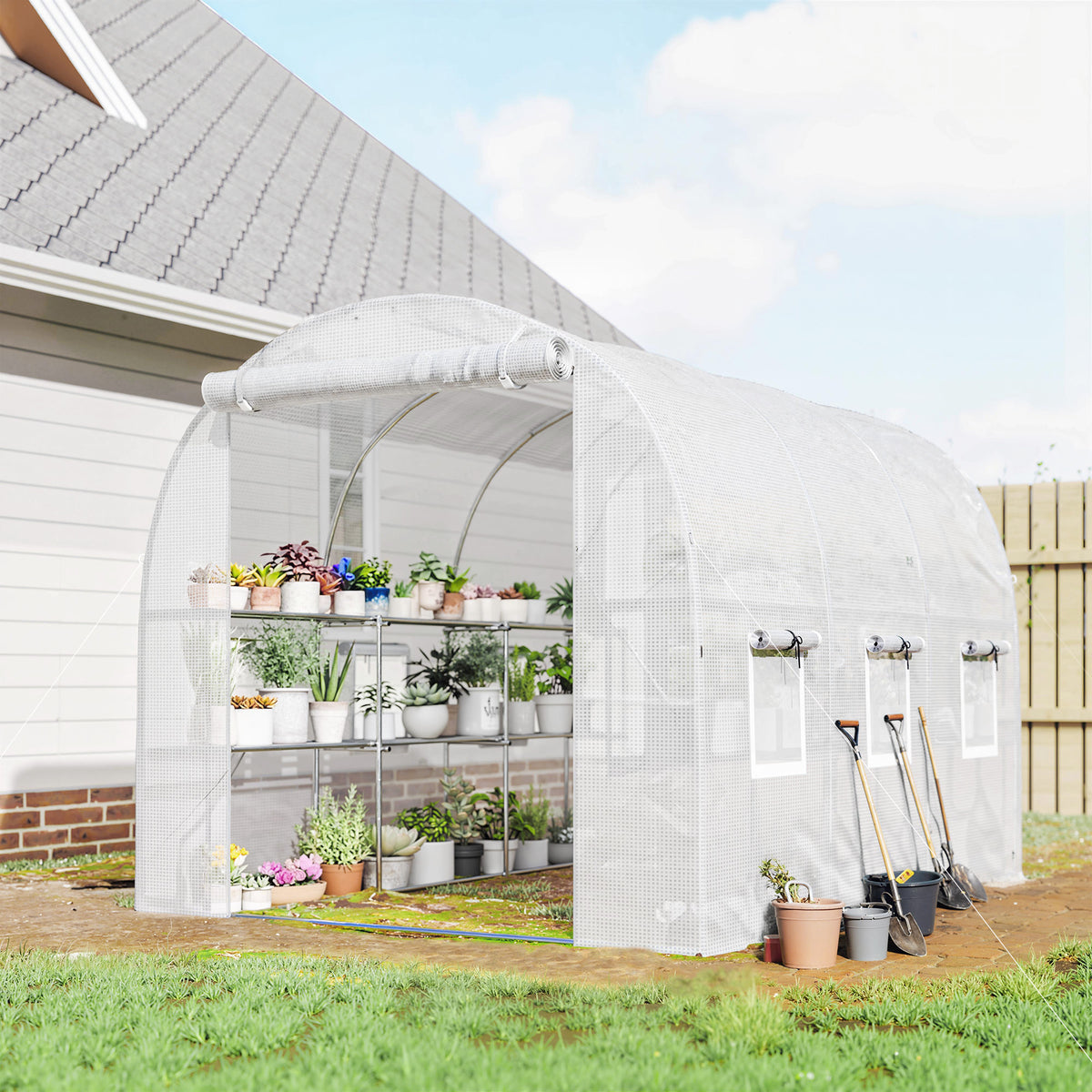 Outsunny Gewächshaus ca. 2,7 x 2 x 2 m Foliengewächshaus mit Regalen Rollbar Reißverschlusstür 6 – Produktabbildung 2