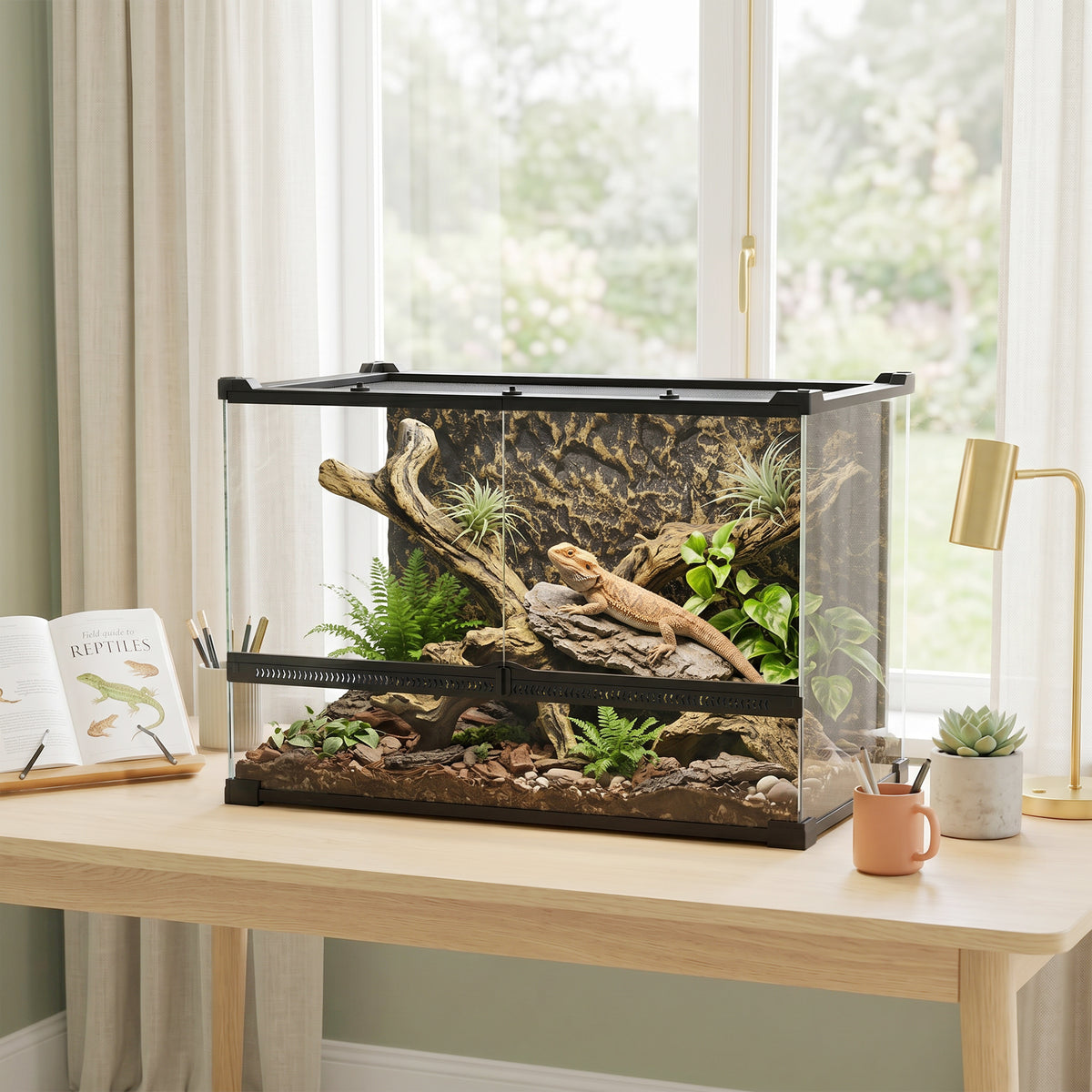 PawHut Terrarium für Reptilien Glasterrarium 48L mit Frontbelüftung Steinrückwand Drehverschluss 50 x 30 – Produktabbildung 2