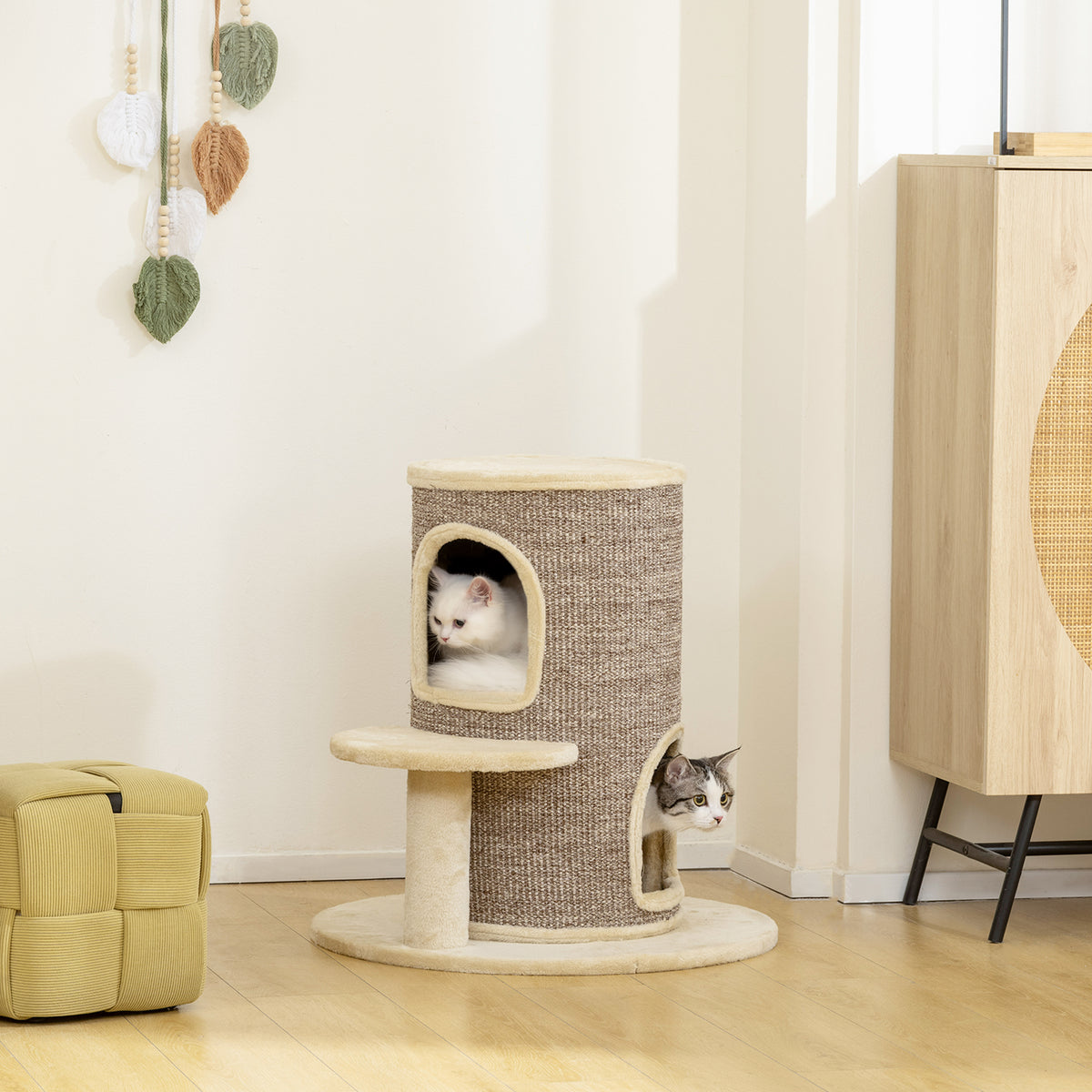 PawHut Katzenfass, Kratzbaum mit 2 Ebenen, Sprungplattform, Aussichtspunkt, Kratzmatte, zum Ausruhen und – Produktabbildung 2