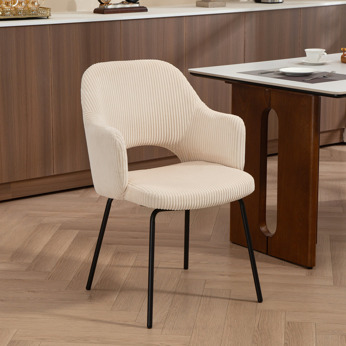 HOMCOM Esszimmerstuhl, Cordbezug, Schalenform, Metallbeine, Fußpolster, Beige – Produktabbildung 2