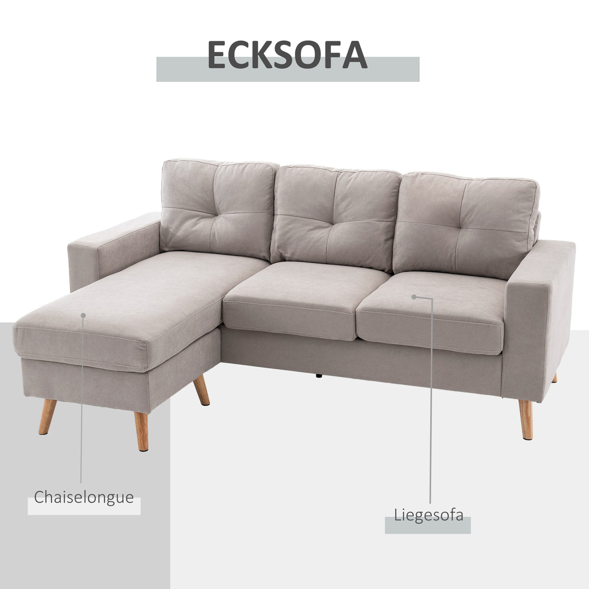 HOMCOM 3-Sitzer-Ecksofa, Leinenoptik, Wendbare Chaiselongue, 193x136x85 cm, Hellgrau – Produktabbildung 6