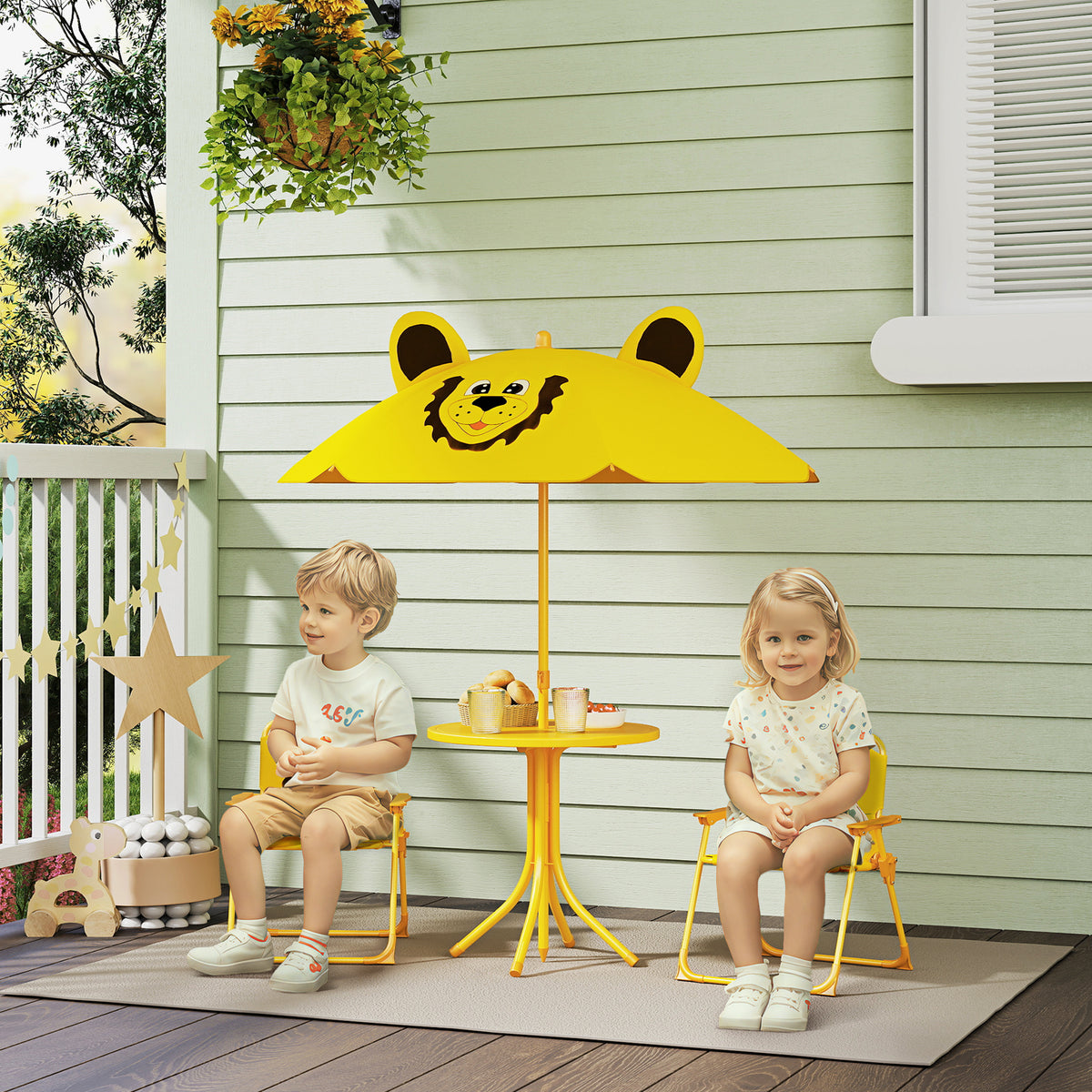 Gartenmöbel-Set für Kinder, Stühle, Tisch, Sonnenschirm, Löwen-Design, Gelb – Produktabbildung 2