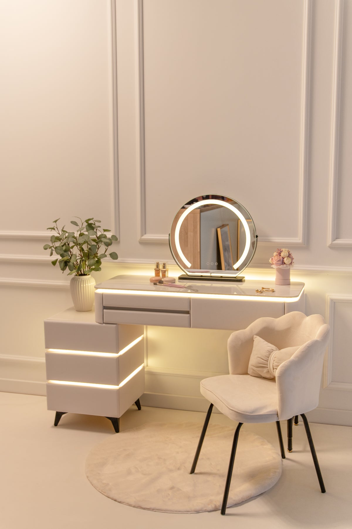 LED-Schminktisch im Marmordesign / 100 cm, weißes Möbelset – Produktabbildung 3