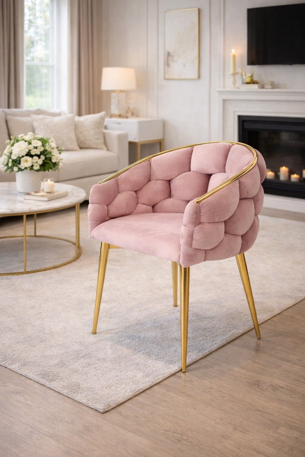 Balloon Velvet Chair, Pink – goldfarbene Glamour-Beine, Schalensitz, für Esszimmer/Wohnzimmer, 70 × 60 × – Produktabbildung 3