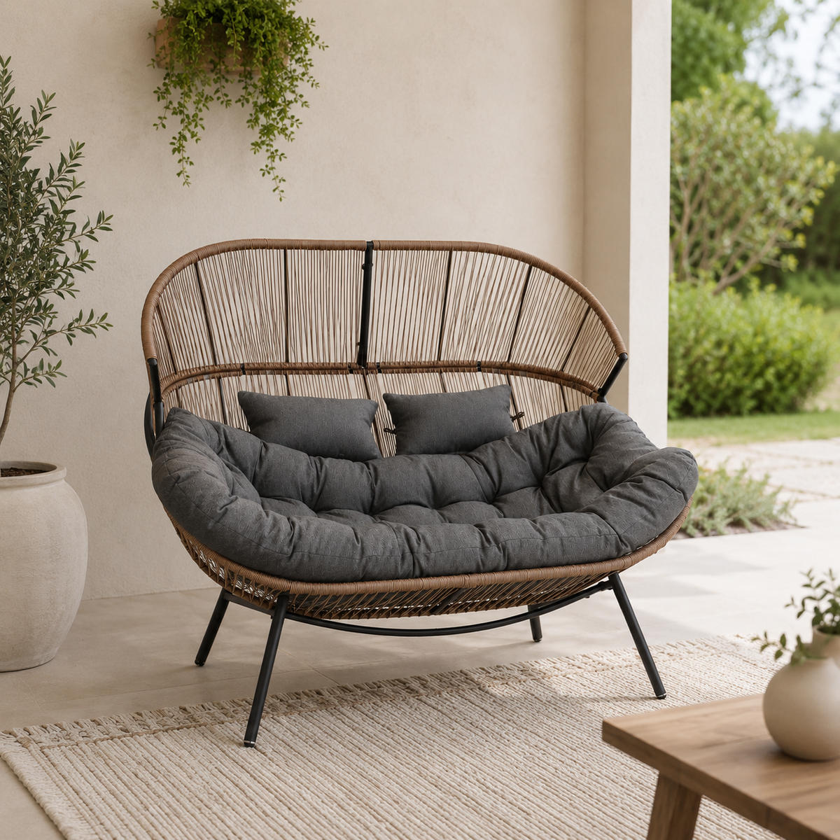 Modernes Gartensofa / Doppel-Kuschelsessel in Cocoon-Form – Naturbraun & Graphit – Produktabbildung 6
