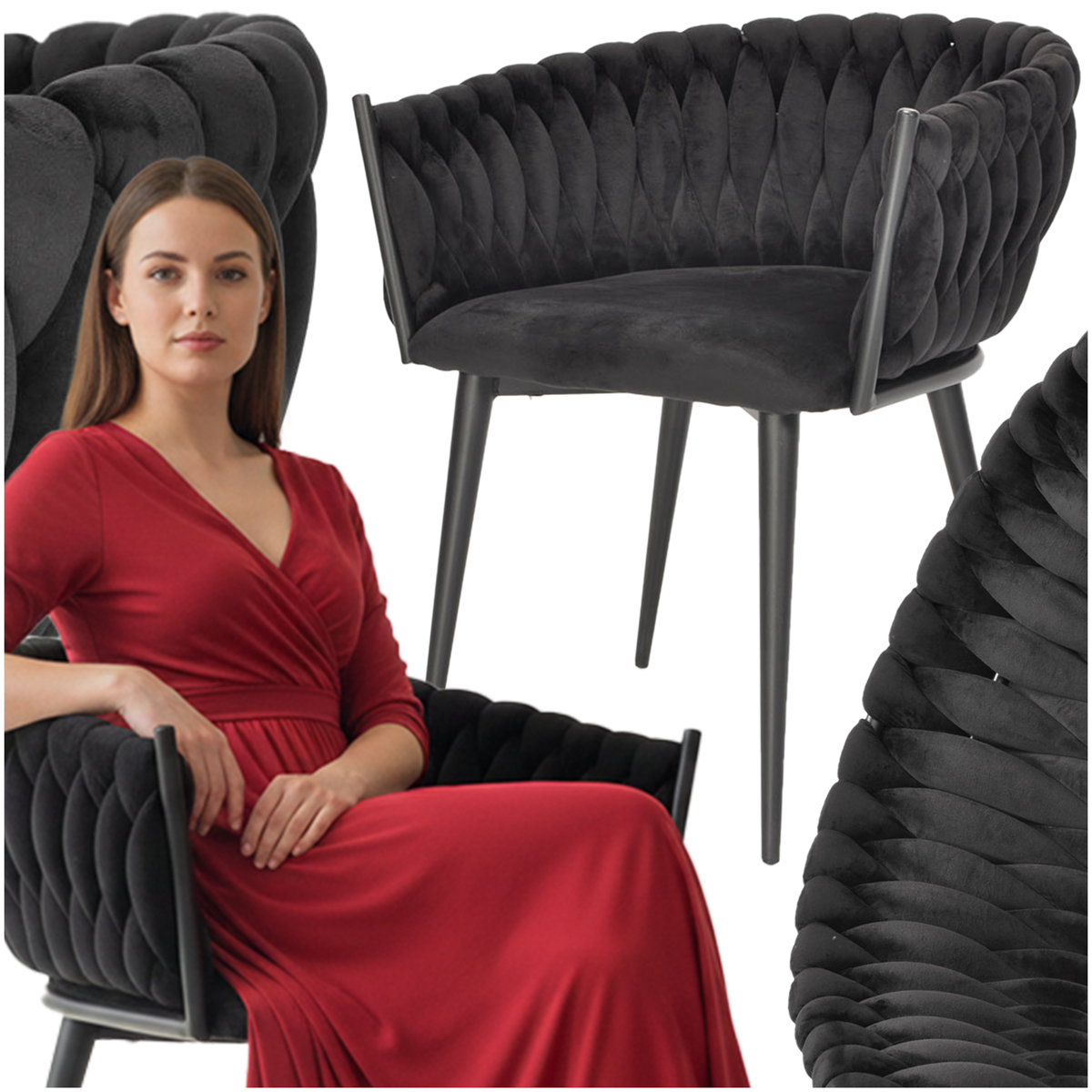 Glamour-Stuhl für Wohnzimmer und Küche, modern, aus Samt, schwarze Beine, schwarzer Samt – Produktabbildung 2