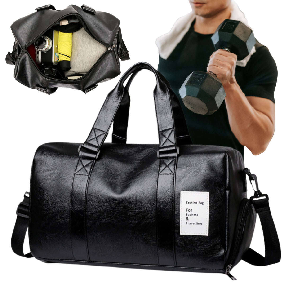 Leder-Reisetasche – schwarz – Produktabbildung 2