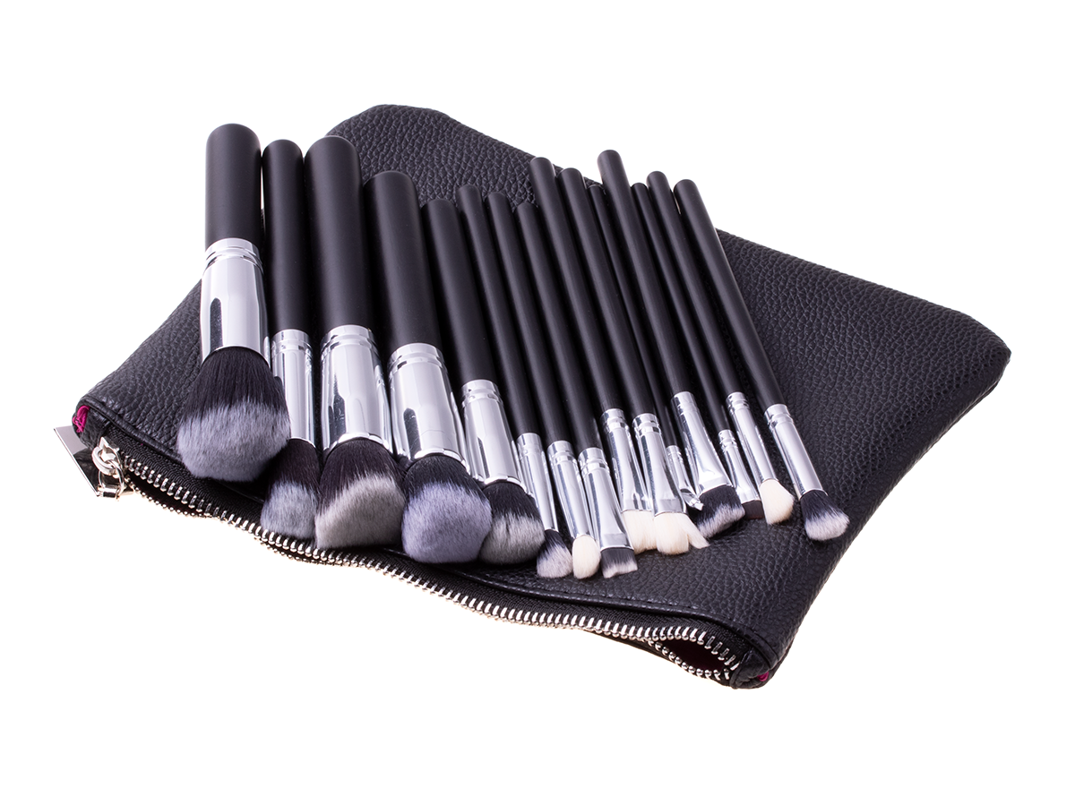 Make-up-Pinselset, 15 Stück + Etui – schwarz