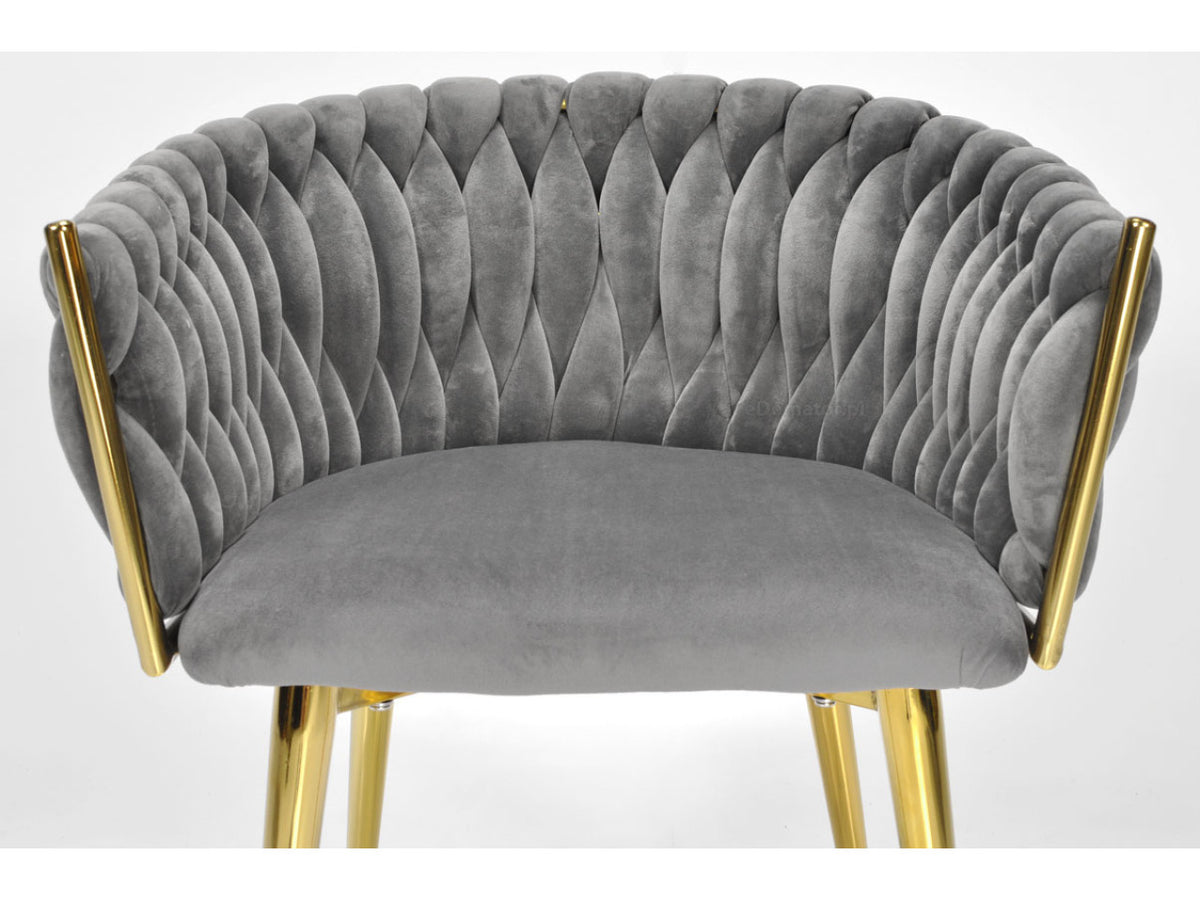 Grauer Samtstuhl GLAMOUR – goldene Beine, modernes Flechtdesign – Produktabbildung 10