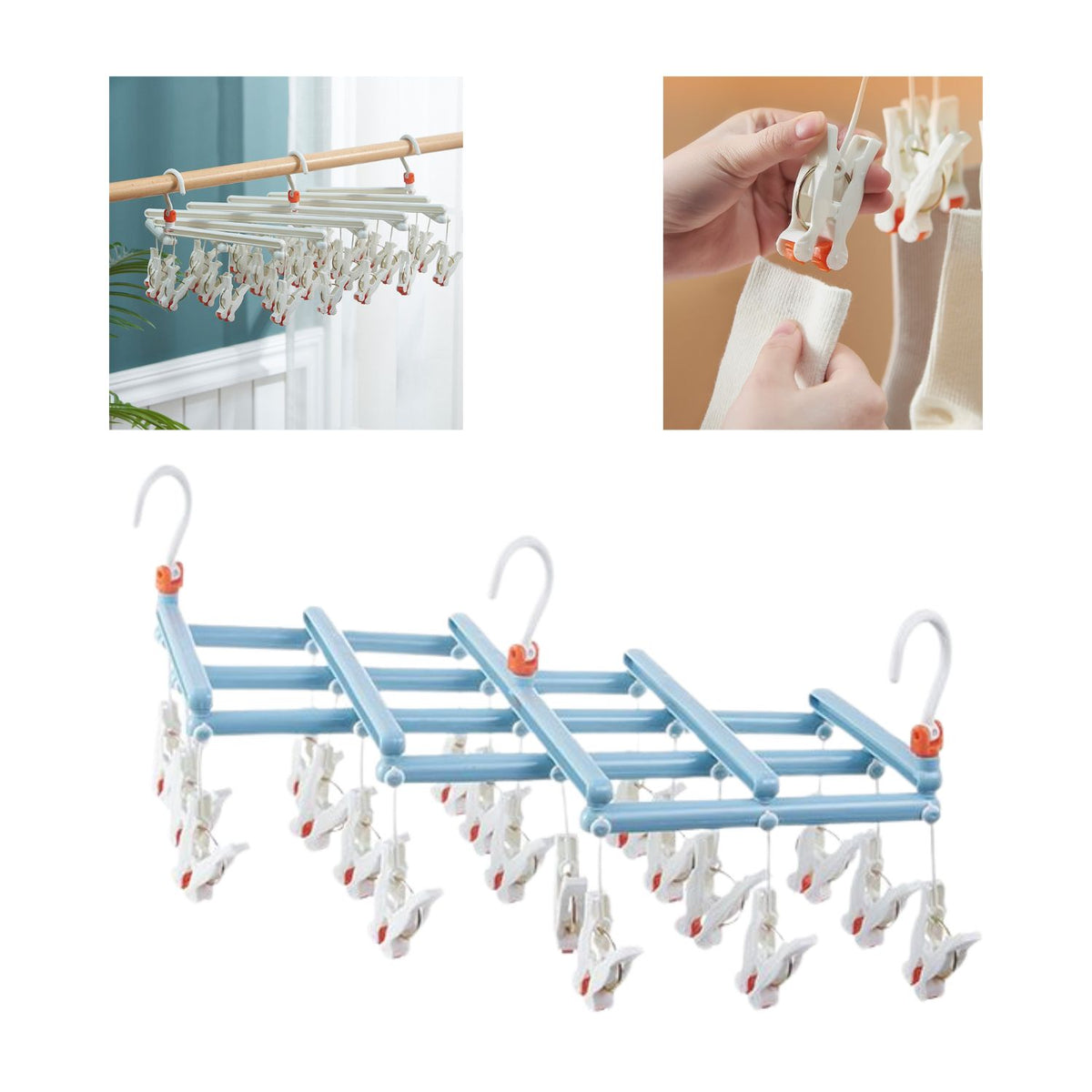 Praktischer klappbarer Wäschebügel mit Clips, 19 Clips, hellblau – Produktabbildung 2