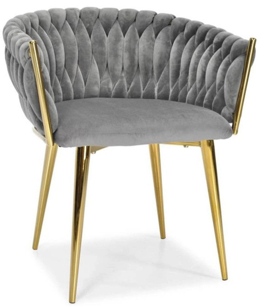Grauer Samtstuhl GLAMOUR – goldene Beine, modernes Flechtdesign