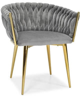Grauer Samtstuhl GLAMOUR – goldene Beine, modernes Flechtdesign