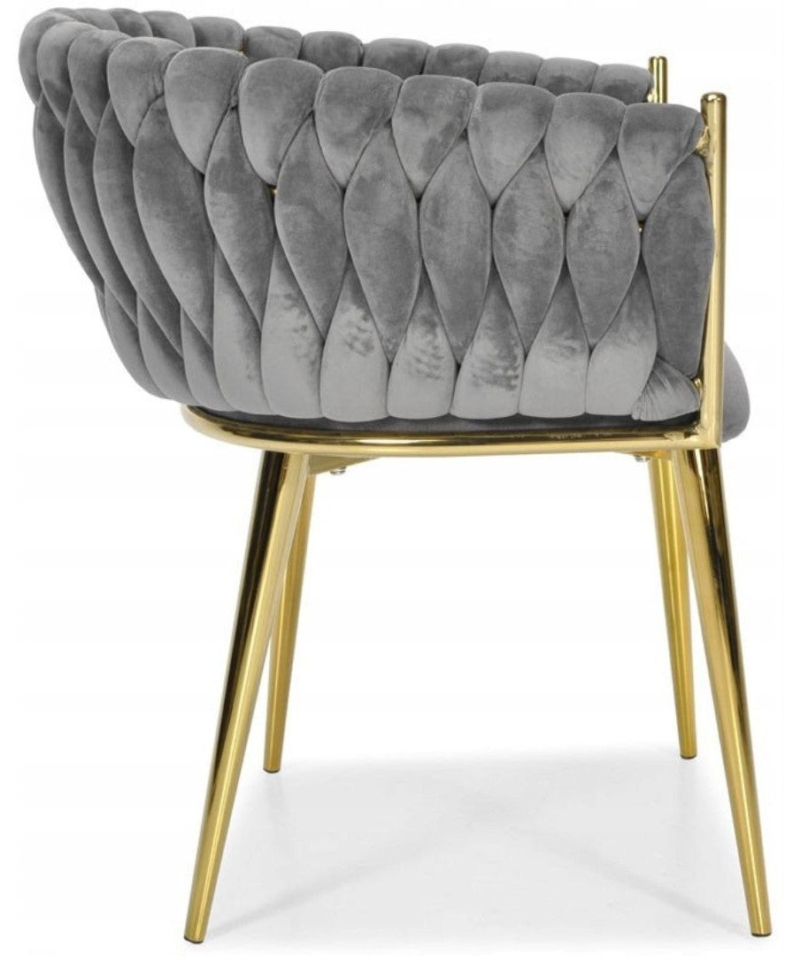 Grauer Samtstuhl GLAMOUR – goldene Beine, modernes Flechtdesign – Produktabbildung 2